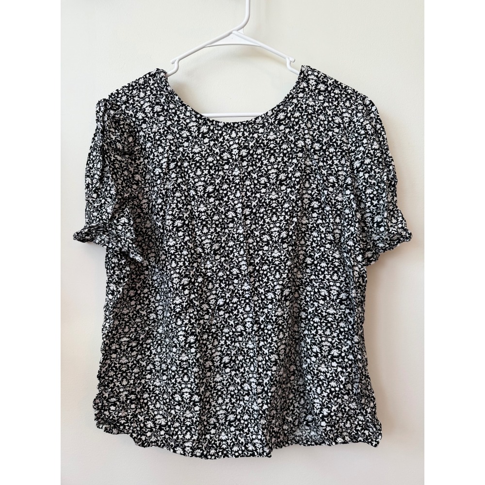 Loft Outlet Womens Large Black White Floral Short Sleeve Scoop Neck Blouse Top